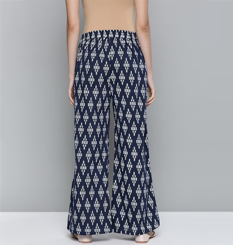 Women Navy Blue & White Ethnic Motifs Printed Pure Cotton Wide Leg Palazzos